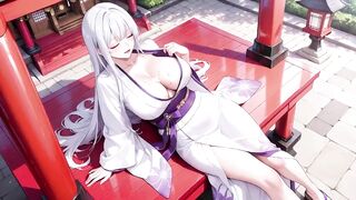 Silver-haired Miko Shrine Secrets! Half-unbuttoned White Kimono, Kneeling Poses and Intense Eye Contact.