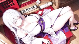Silver-haired Miko Shrine Secrets! Half-unbuttoned White Kimono, Kneeling Poses and Intense Eye Contact.