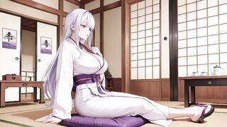 Silver-haired Miko Shrine Secrets! Half-unbuttoned White Kimono, Kneeling Poses and Intense Eye Contact.