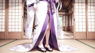 Silver-haired Miko Shrine Secrets! Half-unbuttoned White Kimono, Kneeling Poses and Intense Eye Contact.