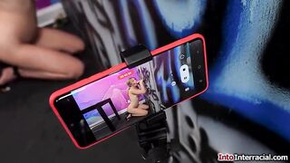 Myra Moans has set up her phone to stream her sucking off a bbc through a gloryhole for her fans.The tiny redhead gives a sloppy deepthroat for cum
