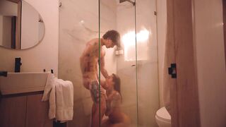 Real and ardent sex in the shower! I can't hold back and I cum in her ass…
