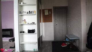 College gal spanked and fingerfucked by a thief in her kitchen