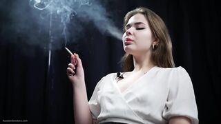 Russian Golden-haired Honey Smokin' in White Blouse