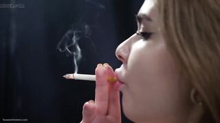 Russian Golden-haired Honey Smokin' in White Blouse