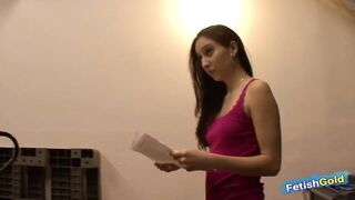 Small young brunette gets fucked by pervert stepfather at work