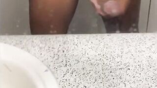 Jerking off pulsating BBC for spunk fountain in the bathroom