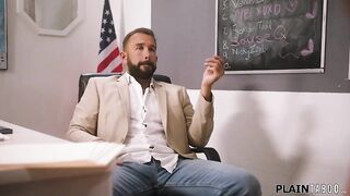 Students Pixie Smalls and Myra Moans ask their tech teacher for help.Hes willing but want their twats in return.This chap bangs both petite teens in class