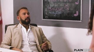 Students Pixie Smalls and Myra Moans ask their tech teacher for help.Hes willing but want their twats in return.This chap bangs both petite teens in class
