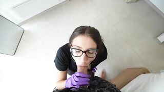 The nurse gave a oral-job with a knob-sock, let him fuck her hard, and swallowed his load after sex