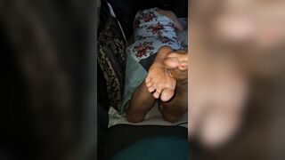 Stroking my bulky little curly cock whilst playing with her feet