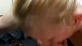 Horny fuck bitch enjoys sucking, licking and jerking off a big wang