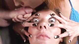 two Concupiscent MILFs Share One Schlong Then Dude Cums in Bitch's Eye