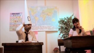 Elegant teacher with biggest bombs gets wild and fuck with a colleague in the class