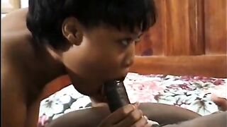 Ebony wench blows schlong and takes it in her wet shaved vagina