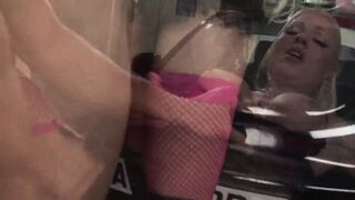 Hot golden-haired wench in pink fishnets enjoy in the screwing by the car
