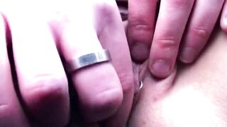 Shaved Head Playgirl Spreads Pierced Twat Oozing Cream