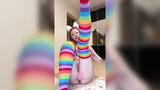 Thick legs spread wide in rainbow socks ?