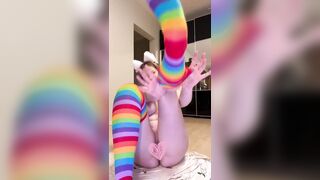 Thick legs spread wide in rainbow socks ?