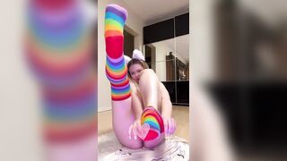 Thick legs spread wide in rainbow socks ?