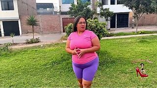 Plump MILF does stretches outdoors, and cardio with her coach in her room