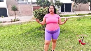 Plump MILF does stretches outdoors, and cardio with her coach in her room