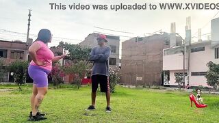 Plump MILF does stretches outdoors, and cardio with her coach in her room