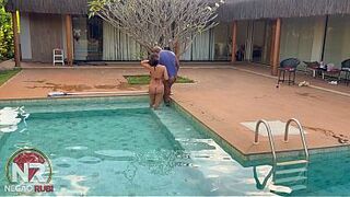 This sweetheart got frisky with the ranch employee and ended up having anal and vaginal sex in the pool, finishing by ejaculating inside her vagina.