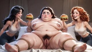 Bulky Ugly Thrall Covered in Food - Abused by Beautiful Mistresses