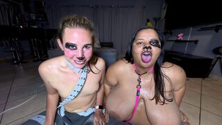 Topless panting bitches constantly drooling as they stick their tongues out, licking and smelling each other