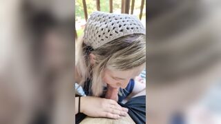 Blonde sweetheart gives head on the patio