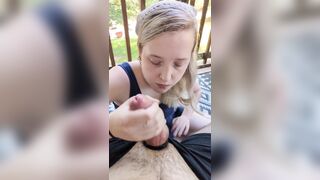 Blonde sweetheart gives head on the patio