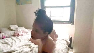 Amateur Ebony Does YOGA and ORAL-JOB Super Close To Her Window