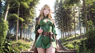 Forest Elf's Private Fantasy! Green off-shoulder Outfit, Kneeling and Arching Hips Against a Stark White Backdrop.