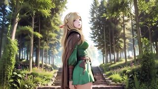 Forest Elf's Private Fantasy! Green off-shoulder Outfit, Kneeling and Arching Hips Against a Stark White Backdrop.