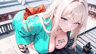 Golden-haired in a Green Kimono! Lazy Terrace Reading, off-shoulder Design Is Also Sinful!