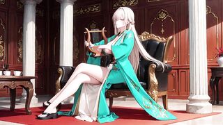 Golden-haired in a Green Kimono! Lazy Terrace Reading, off-shoulder Design Is Also Sinful!