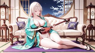 Golden-haired in a Green Kimono! Lazy Terrace Reading, off-shoulder Design Is Also Sinful!