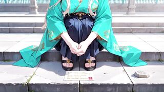 Golden-haired in a Green Kimono! Lazy Terrace Reading, off-shoulder Design Is Also Sinful!