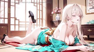 Golden-haired in a Green Kimono! Lazy Terrace Reading, off-shoulder Design Is Also Sinful!
