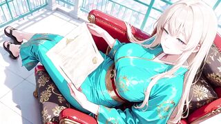 Golden-haired in a Green Kimono! Lazy Terrace Reading, off-shoulder Design Is Also Sinful!