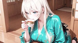 Golden-haired in a Green Kimono! Lazy Terrace Reading, off-shoulder Design Is Also Sinful!