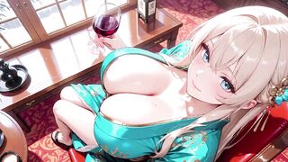 Golden-haired in a Green Kimono! Lazy Terrace Reading, off-shoulder Design Is Also Sinful!