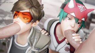 Tracer & Kiriko - Sharing Cock, Blow job-sex & Cowgirl Riding 3D Porn Overwatch