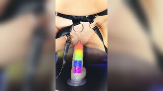 Floozy wife puts oil on her ideal body, sucks my hard schlong while this honey sits on a sex-toy on the chair, gets cummed on her face