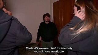 Friends arrive home after a party and end up having a 3-some!