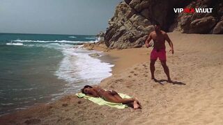 Public Beach Massage Turns Ribald, He Spreads Her Slick Cheeks in the Sand