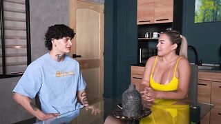 Busty stepmother takes advantage of her husband's absence to fuck her stepson