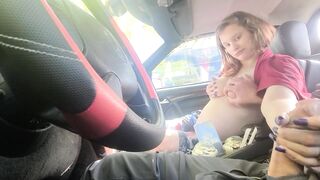 Public hand job! Risky!!! This chick swallows up all the cum!
