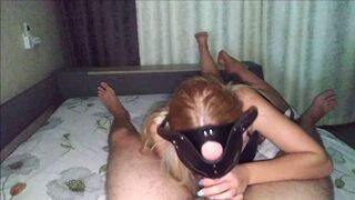 Concupiscent cum doxy sucks cock showing her feet soles until gets cum in her mouth